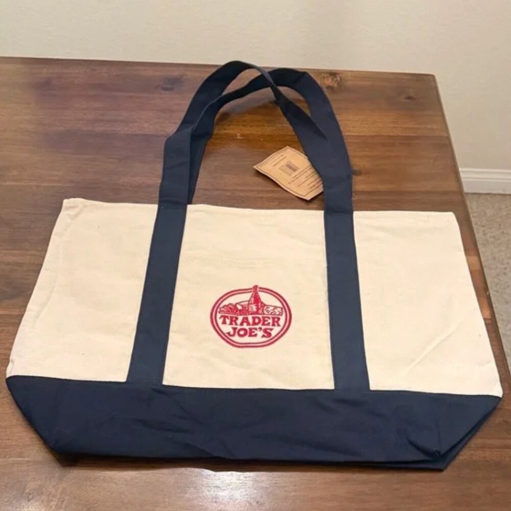 NWT! Trader Joes Tote Bag Blue Canvas Large 20” x 15” VIRAL! - Picture 3 of 8